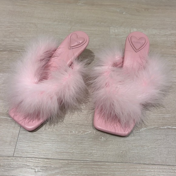 Sleeper Manon Pink Leather Feather Mules Square Toe - Picture 2 of 6